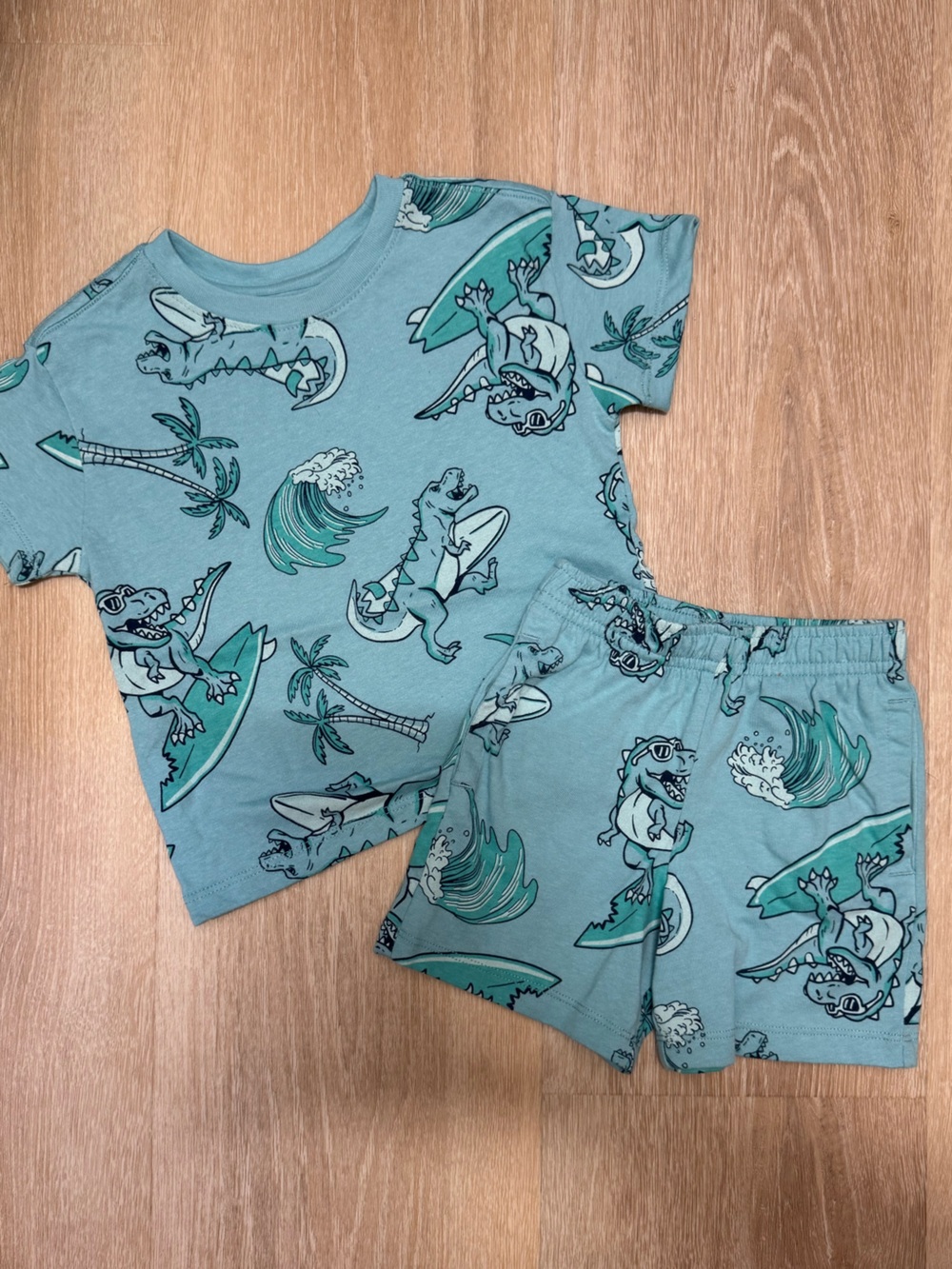 Kids Teal Dino Surf Short Sleeve Set